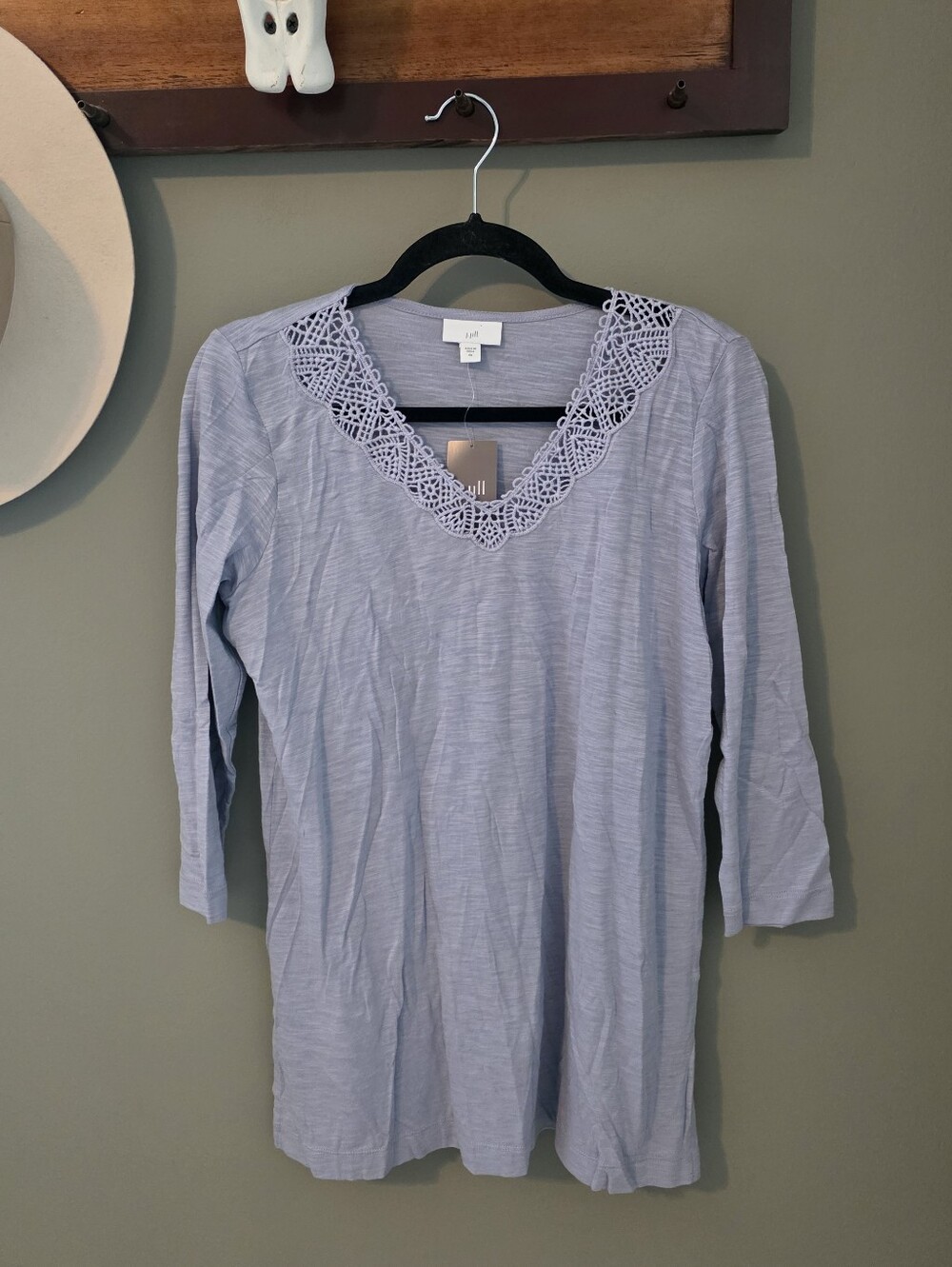 J. Jill New Crochet Trim Lace Modal Blue Mist Blouse Grannycorp Fall Autumn